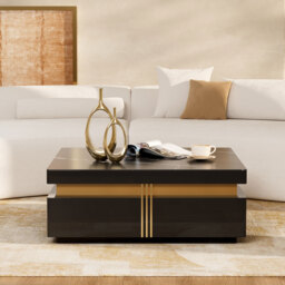 Trimied 1100mm Modern Black Square Storage Coffee Table Stone Top & 4 Wood Drawers - thumbnail 2