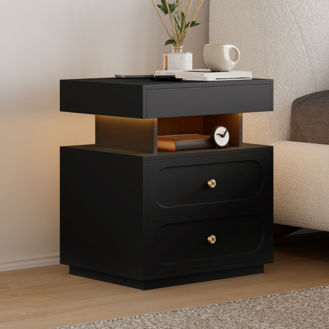 Modern Smart Nightstand with Light 2 Drawer Bedside Table with Charging Station Set of 2 - image 1
