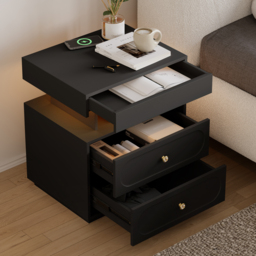 Modern Smart Nightstand with Light 2 Drawer Bedside Table with Charging Station Set of 2 - thumbnail 3