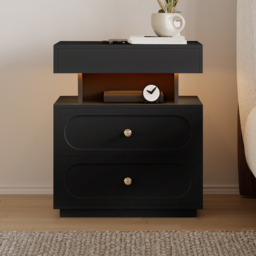 Modern Smart Nightstand with Light 2 Drawer Bedside Table with Charging Station Set of 2 - thumbnail 2