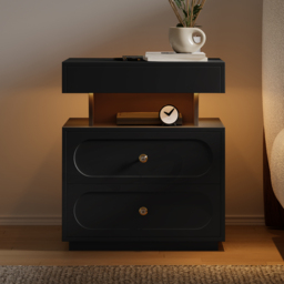 Modern Smart Nightstand with Light 2 Drawer Bedside Table with Charging Station Set of 2 - thumbnail 4