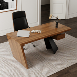 "Set Industrial Distressed Wood Writing Desk Black Faux Leather Office Chair (70.9"")" - thumbnail 2