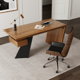 "Set Industrial Distressed Wood Writing Desk Black Faux Leather Office Chair (70.9"")"