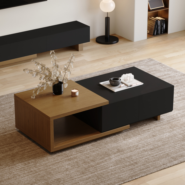 Quoint 175 cm Modern Black & Walnut Coffee Table Retracted & Extendable with 2-Drawer - image 1