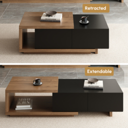 Quoint 175 cm Modern Black & Walnut Coffee Table Retracted & Extendable with 2-Drawer - thumbnail 8