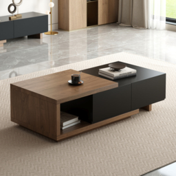 Quoint 175 cm Modern Black & Walnut Coffee Table Retracted & Extendable with 2-Drawer - thumbnail 2