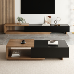 Quoint 175 cm Modern Black & Walnut Coffee Table Retracted & Extendable with 2-Drawer - thumbnail 4
