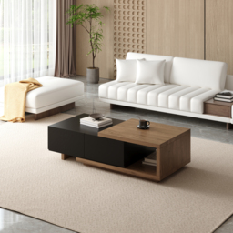 Quoint 175 cm Modern Black & Walnut Coffee Table Retracted & Extendable with 2-Drawer - thumbnail 5