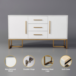 Stovf Modern 1200mm White Buffet 2 Doors & 3 Drawers Kitchen Sideboard Cabinet Gold - thumbnail 8