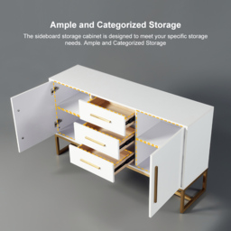 Stovf Modern 1200mm White Buffet 2 Doors & 3 Drawers Kitchen Sideboard Cabinet Gold - thumbnail 7