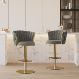 Sweave Set of 6 Grey Swivel Bar Stools Velvet Curved Back Adjustable Height - thumbnail 1