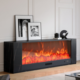 200 cm Modern Black Marble Veneer Sintered Stone Electric Fireplace TV Stand with Remote Control Temperature Adjustable