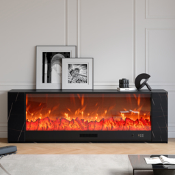 200 cm Modern Black Marble Veneer Sintered Stone Electric Fireplace TV Stand with Remote Control Temperature Adjustable - thumbnail 4