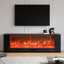 200 cm Modern Black Marble Veneer Sintered Stone Electric Fireplace TV Stand with Remote Control Temperature Adjustable - thumbnail 2