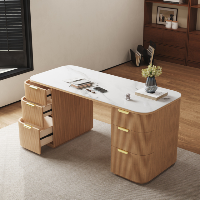 Marble Oval Home Office Desk with 6 Drawers White Executive Writing Desk (160 cm) - image 1