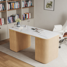Marble Oval Home Office Desk with 6 Drawers White Executive Writing Desk (160 cm) - thumbnail 2