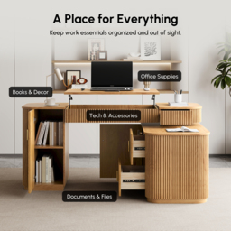 "Modern 65"" L-Shape Natural Executive Desk with Right-Side Cabinet" - thumbnail 9