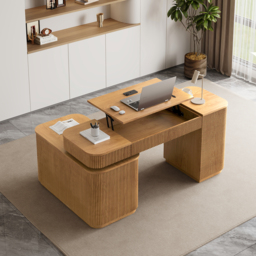 "Modern 65"" L-Shape Natural Executive Desk with Right-Side Cabinet"