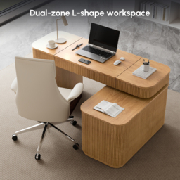 "Modern 65"" L-Shape Natural Executive Desk with Right-Side Cabinet" - thumbnail 8