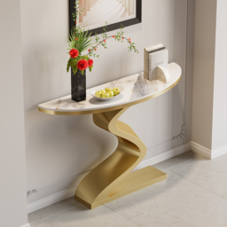 Curved Console Table with Sintered Stone Top Half Moon Shape Entryway Furniture in White & Gold (100 cm Wide) - thumbnail 1