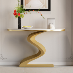 Curved Console Table with Sintered Stone Top Half Moon Shape Entryway Furniture in White & Gold (100 cm Wide) - thumbnail 3