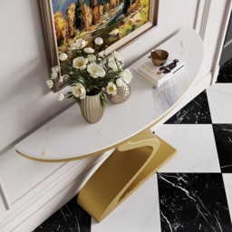 Curved Console Table with Sintered Stone Top Half Moon Shape Entryway Furniture in White & Gold (100 cm Wide) - thumbnail 2