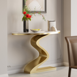 Curved Console Table with Sintered Stone Top Half Moon Shape Entryway Furniture in White & Gold (100 cm Wide) - thumbnail 4