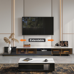 2800mm Black Modern Extendable TV Stand Glass Door Media Console with LED Light & Drawer - thumbnail 3