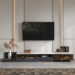 2800mm Black Modern Extendable TV Stand Glass Door Media Console with LED Light & Drawer - thumbnail 2