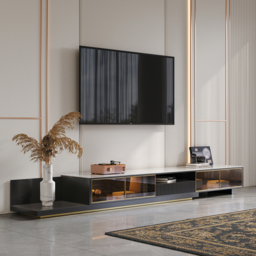 2800mm Black Modern Extendable TV Stand Glass Door Media Console with LED Light & Drawer - thumbnail 1