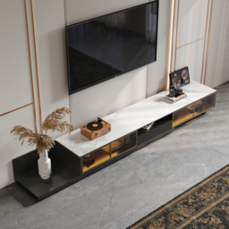 2800mm Black Modern Extendable TV Stand Glass Door Media Console with LED Light & Drawer - thumbnail 6