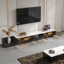 2800mm Black Modern Extendable TV Stand Glass Door Media Console with LED Light & Drawer - thumbnail 5