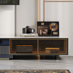 2800mm Black Modern Extendable TV Stand Glass Door Media Console with LED Light & Drawer - thumbnail 4