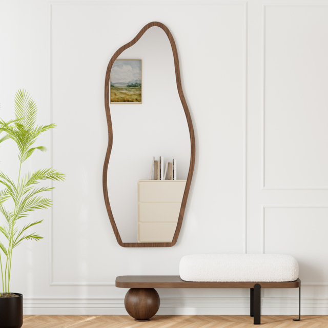 Freestanding Mirror with Wooden Frame in Dark Brown, Organic Shape, 160 cm High, Modern Style ???????? British English - image 1