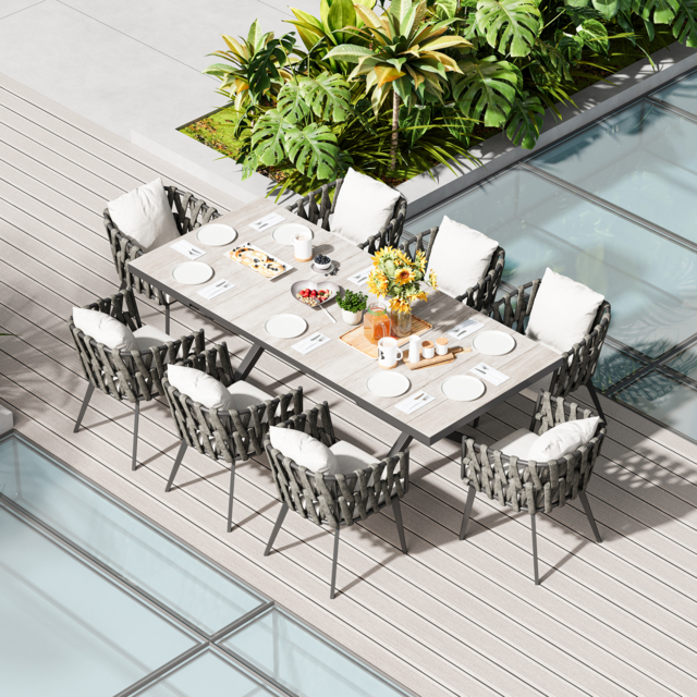 9-Piece Outdoor Extendable Dining Set with 8 Rope Weave Chairs (1631 mm - 2141 mm) in Grey - image 1