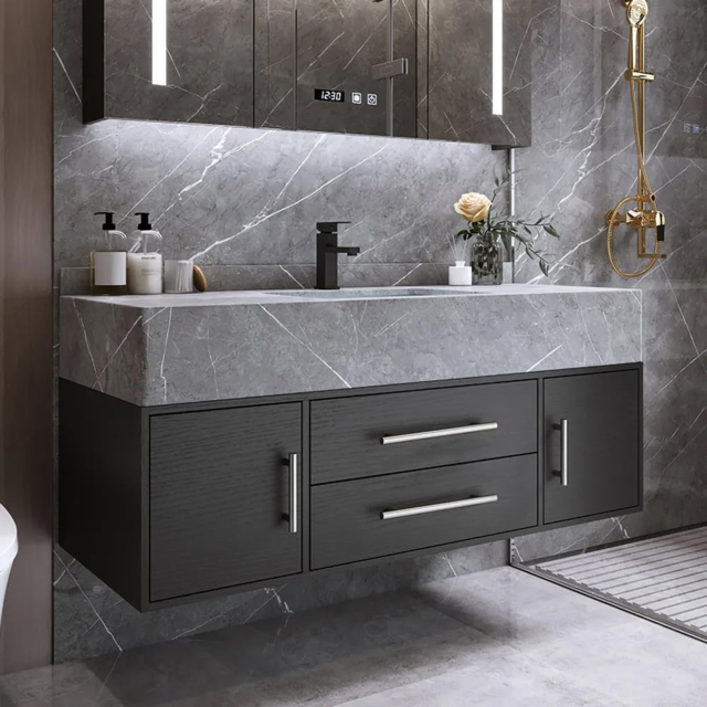 Modern 100 cm Floating Black Bathroom Vanity Stone Top Wall Mounted Bathroom Cabinet - image 1