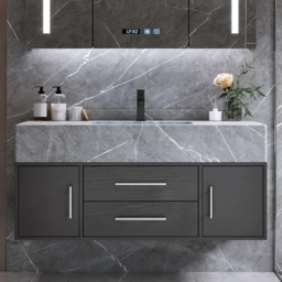 Modern 100 cm Floating Black Bathroom Vanity Stone Top Wall Mounted Bathroom Cabinet - thumbnail 2