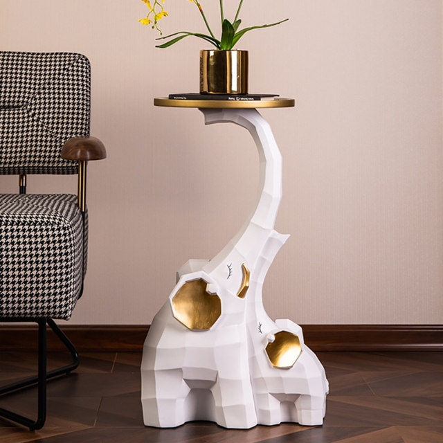 White & Gold End Table with Tray Top Decor Elephant Shape Side Table - image 1