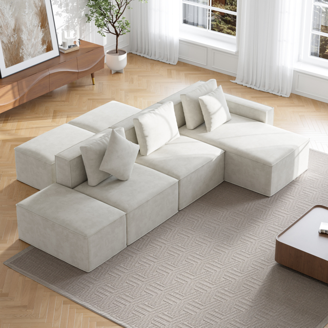 3500mm Cotton & Linen Modular Chaise Sectional Sofa 6 Pieces Oatmeal Sectional Couch with Ottoman (4 Seater) - image 1