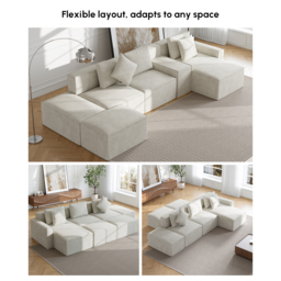 3500mm Cotton & Linen Modular Chaise Sectional Sofa 6 Pieces Oatmeal Sectional Couch with Ottoman (4 Seater) - thumbnail 4