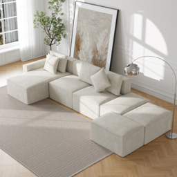 3500mm Cotton & Linen Modular Chaise Sectional Sofa 6 Pieces Oatmeal Sectional Couch with Ottoman (4 Seater) - thumbnail 8