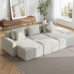 3500mm Cotton & Linen Modular Chaise Sectional Sofa 6 Pieces Oatmeal Sectional Couch with Ottoman (4 Seater) - thumbnail 2