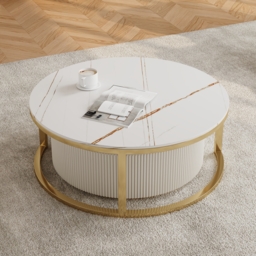 Round 2-Piece Nesting Set Sintered Stone Top Beige Coffee Table with Drawer - thumbnail 3