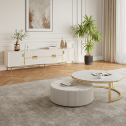 Round 2-Piece Nesting Set Sintered Stone Top Beige Coffee Table with Drawer - thumbnail 5