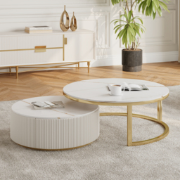Round 2-Piece Nesting Set Sintered Stone Top Beige Coffee Table with Drawer - thumbnail 1