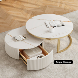 Round 2-Piece Nesting Set Sintered Stone Top Beige Coffee Table with Drawer - thumbnail 8