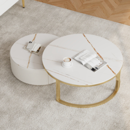 Round 2-Piece Nesting Set Sintered Stone Top Beige Coffee Table with Drawer - thumbnail 2