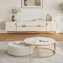 Round 2-Piece Nesting Set Sintered Stone Top Beige Coffee Table with Drawer - thumbnail 4
