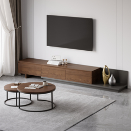Living Room Cabinet Set Retracted & Extendable 3-Drawer TV Stand & Round Nesting Coffee Table