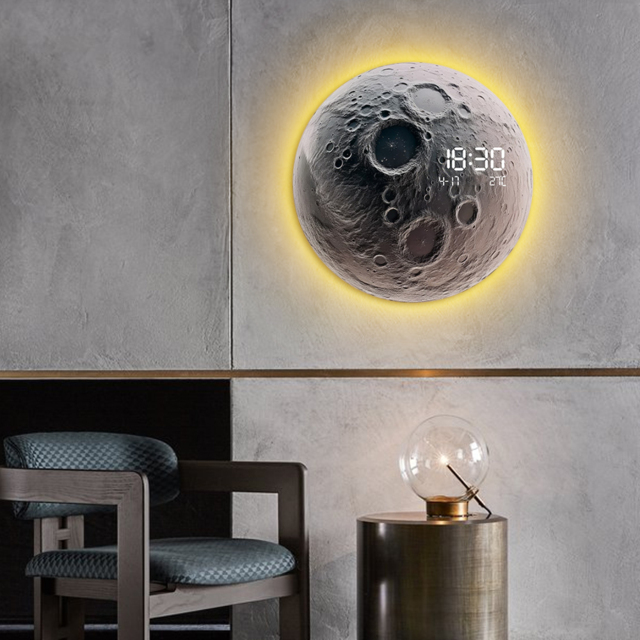 Moon-Shaped LED Wall Clock Modern Round Decor Art Living Room Bedroom - image 1